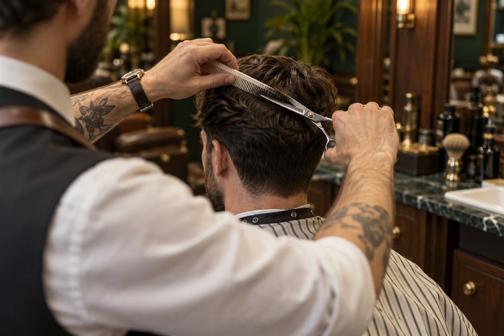 Fictieve barbier werkt zorgvuldig aan een kapsel